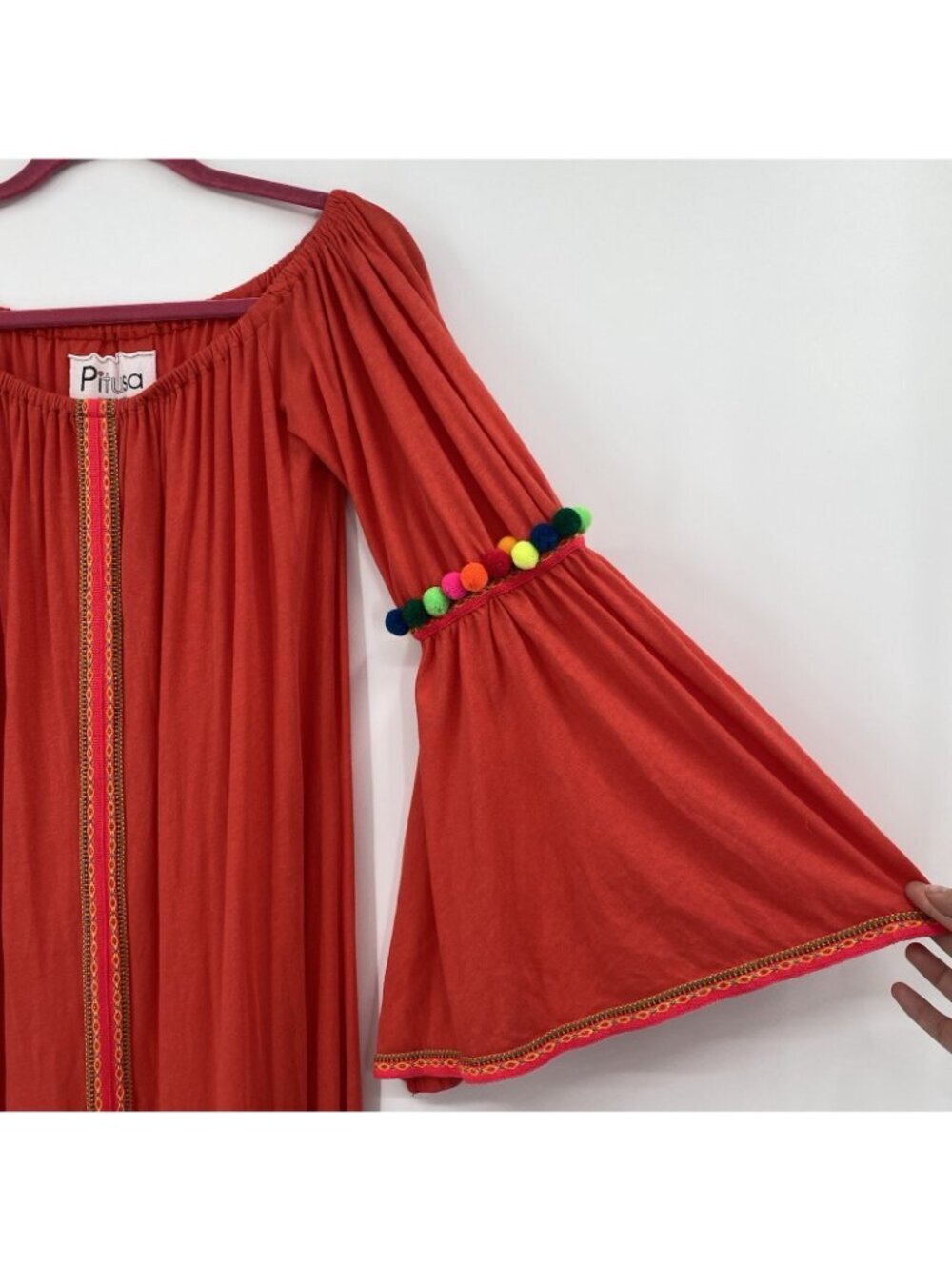 PITUSA Off The Shoulder Gypsy Maxi Dress In Orange One Size Pom Poms Boho Knit - Picture 10 of 16